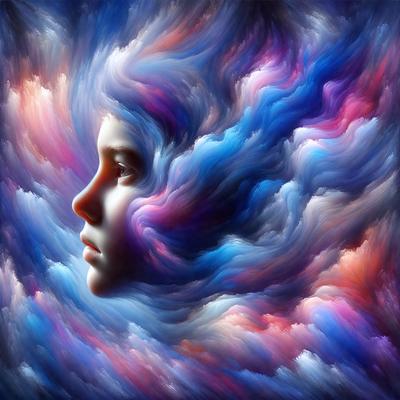 The primary subject of the image is a woman's face, which is the main focus of the image. The setting is a colorful, swirling background that creates a vibrant and dynamic atmosphere. The visual style is a combination of digital art and illustration, with the woman's face being the center of attention. The colors and mood of the image are lively and energetic, with the woman's face being the central point of interest.